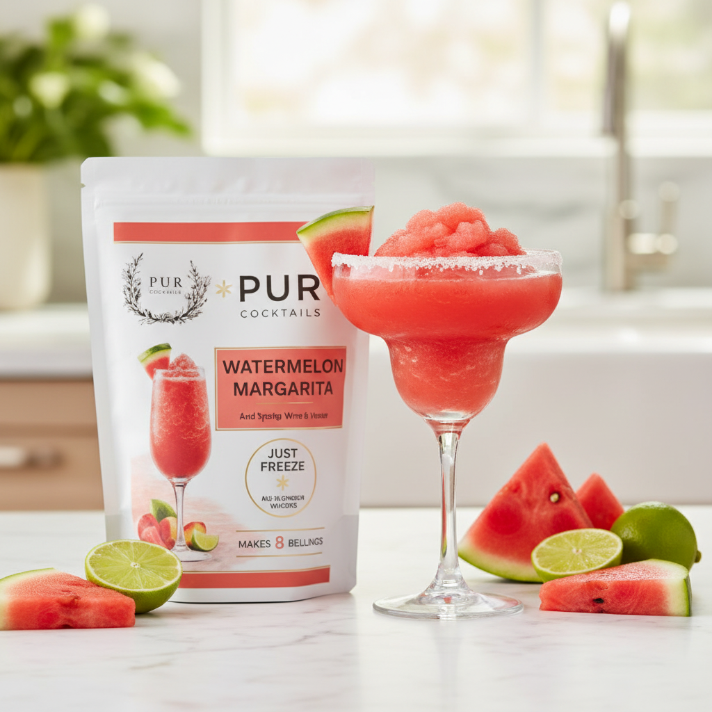 PUR Cocktails Watermelon Margarita - branded pouch with frozen watermelon margarita on marble countertop