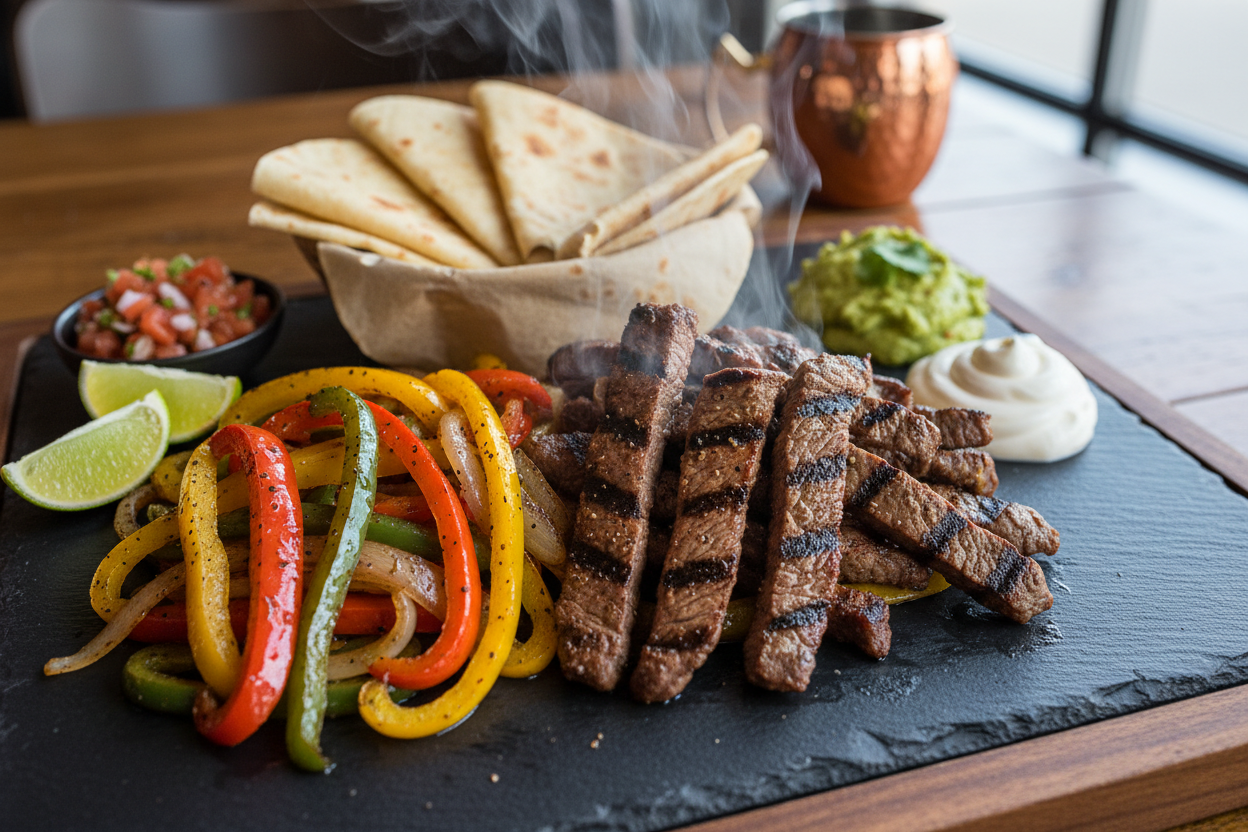 how about steak fajitas on a black slate serving tray