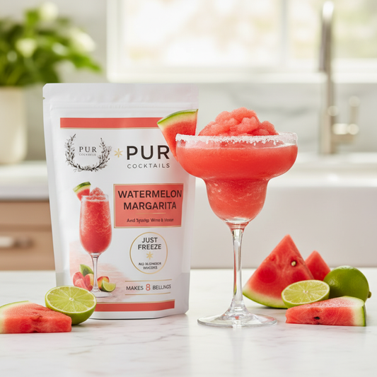 PUR Cocktails Watermelon Margarita - branded pouch with frozen watermelon margarita on marble countertop