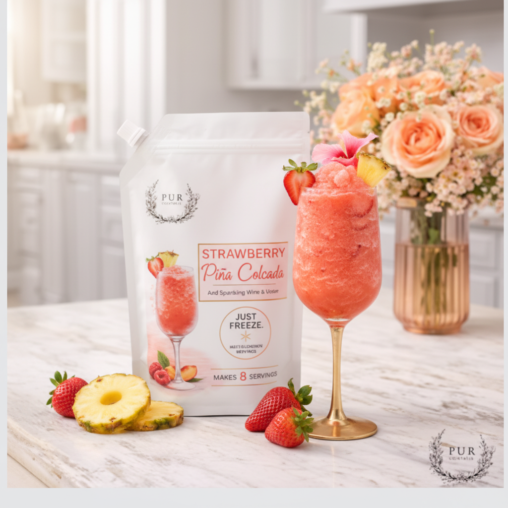 PUR Cocktails Strawberry Pina Colada - branded pouch with frozen cocktail on marble countertop