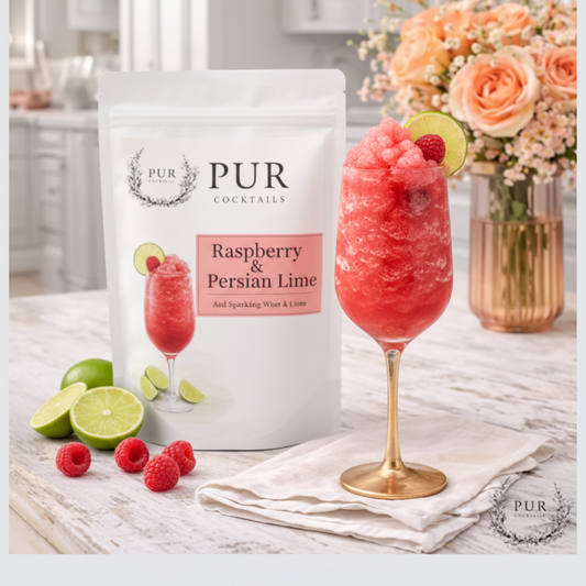 PUR Cocktails Raspberry & Persian Lime - branded pouch with frozen slushy cocktail on marble countertop