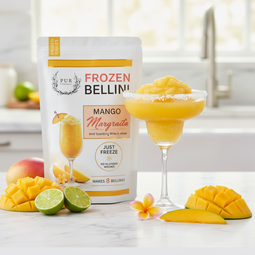 PUR Cocktails Mango Margarita - branded pouch with frozen mango margarita on marble countertop