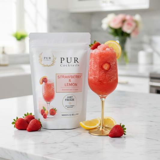 PUR Cocktails Strawberry & Lemon - branded pouch with cocktail on marble countertop