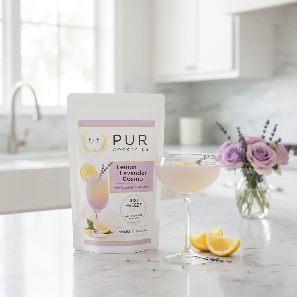 PUR Cocktails Lemon Lavender Cosmo - branded pouch with cosmo cocktail on marble countertop