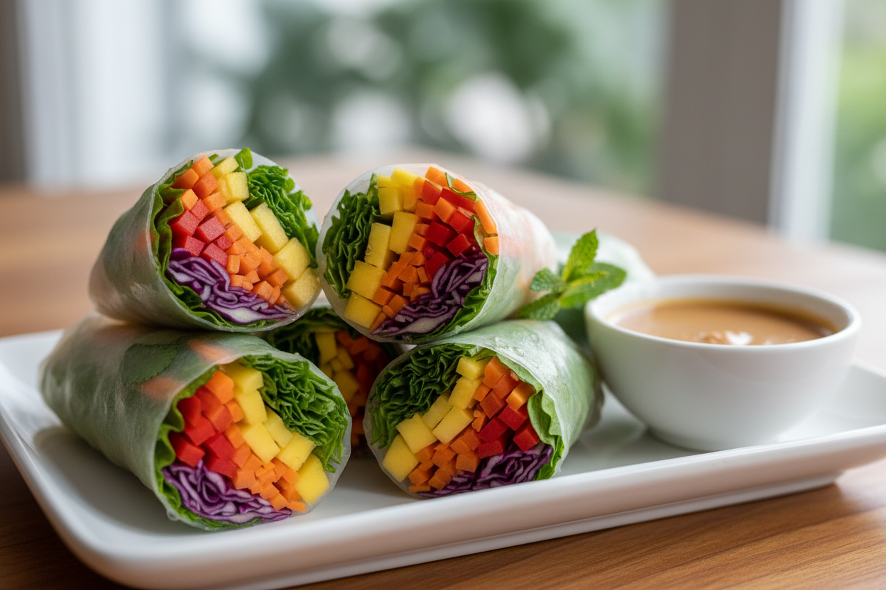 salad rolls with lots of fresh ingredients inside with the colours of the rainbow